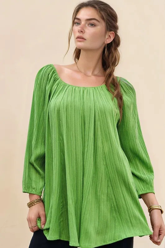 Davi & Dani Crinckled Texture Fabric Round Neck Swing Top