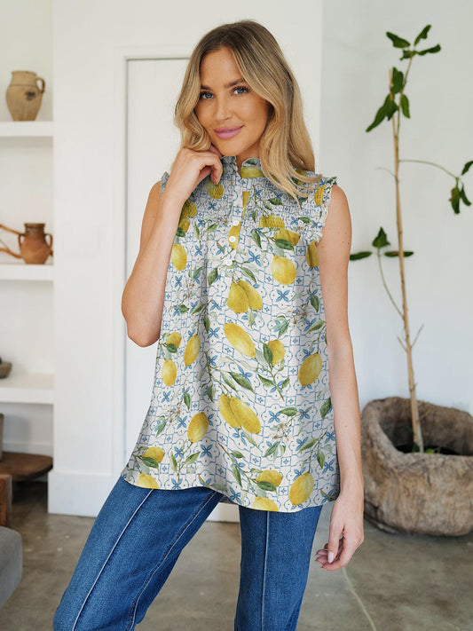 FAM-FAM Frill Printed Mock Neck Top Yellow-Green