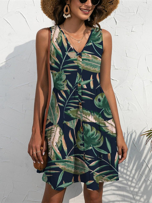 FAM-FAM Printed V-Neck Sleeveless Mini Dress Navy
