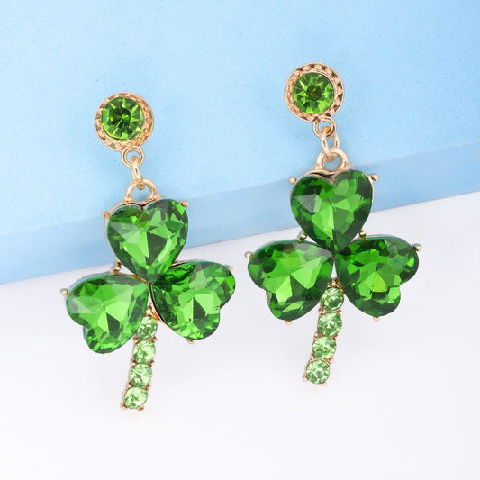 Rhinestone Alloy Lucky Clover Dangle Earrings Green One Size