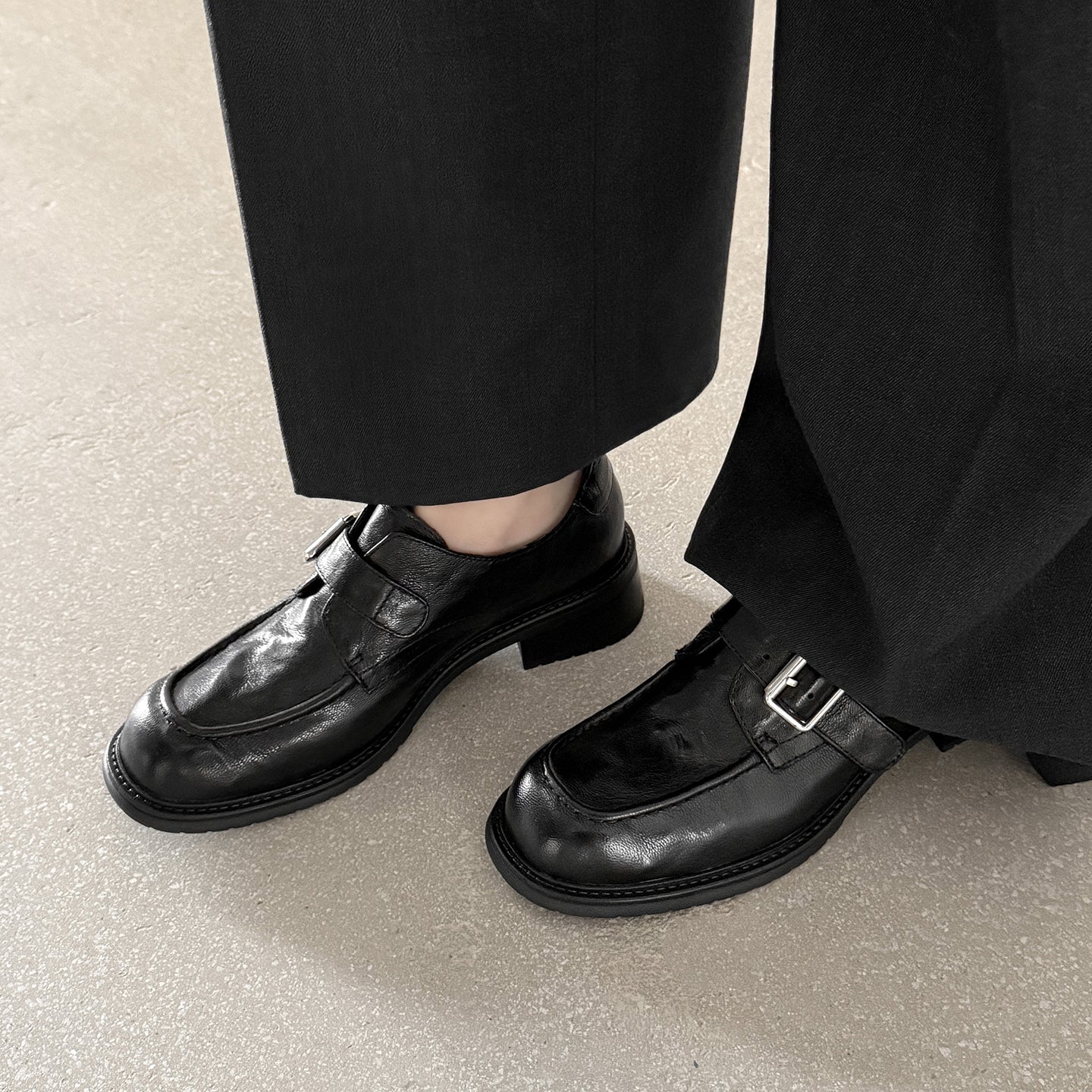 Women's Washed Leather Monk Strap Loafers | Handmade Buckle Low Block Heel Shoes