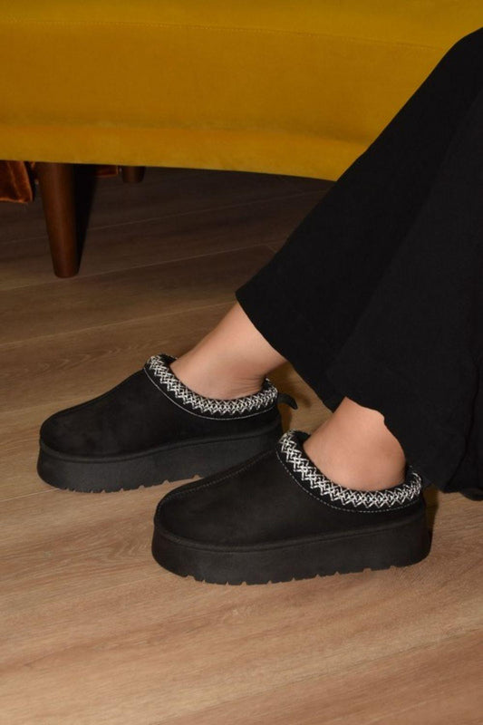 WILD DIVA Embroidered Trim Round Toe Platform Boots Black