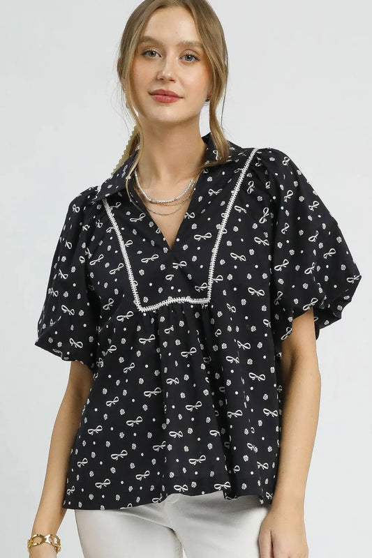 Umgee Bow Print Puff Sleeve Blouse Black