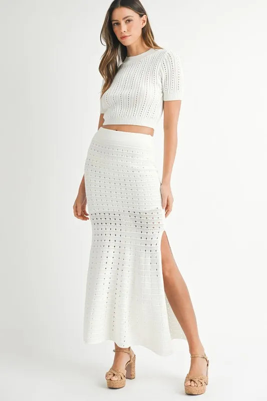 MABLE Pointelle Short Sleeve Crop Top and Slit Skirt Sweater Set Off White
