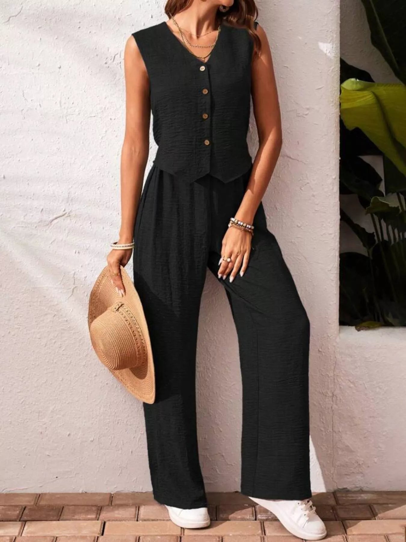 Button-Down Vest & Wide Leg Pants Set