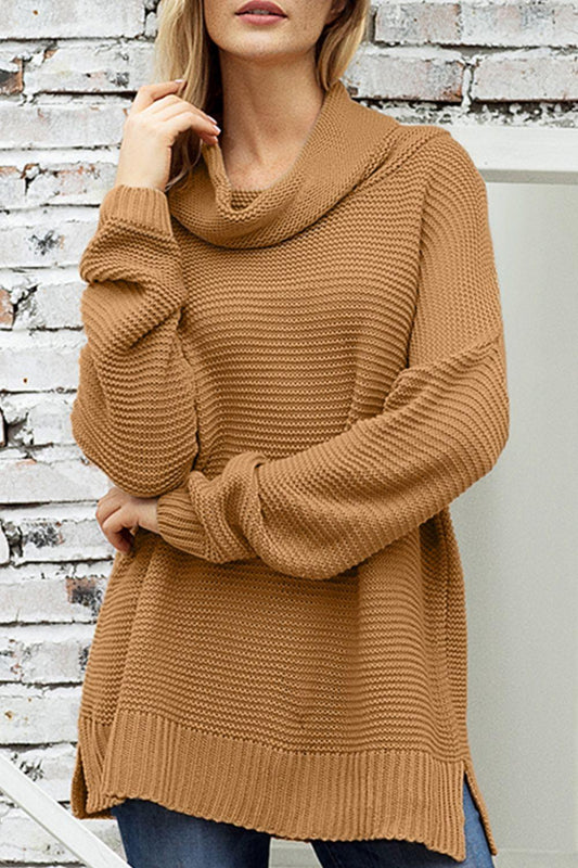 Side Slit Turtleneck Long Sleeve Sweater Caramel