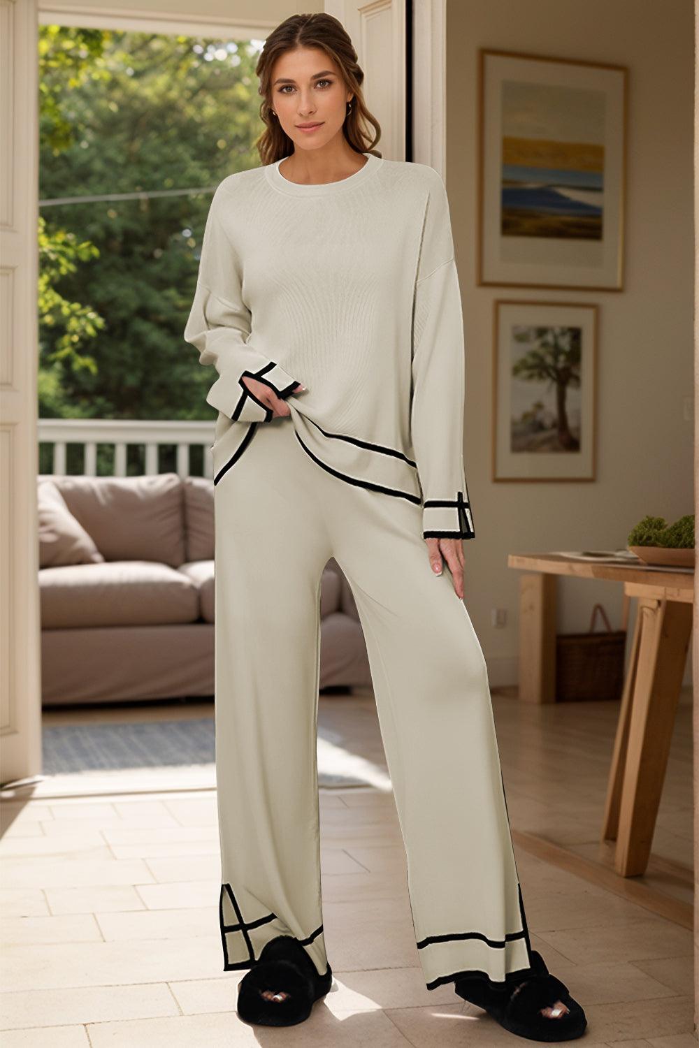 High-Low Round Neck Top and Pants Sweater Set Cream One Size