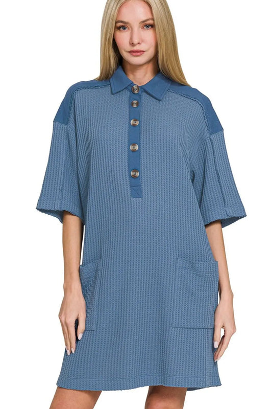 Zenana Waffle Half-Button Dress with Pocket DUSTY BLUE