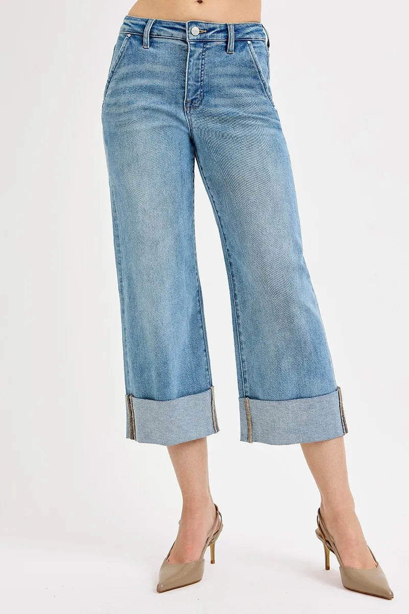 RISEN Full Size Tummy Control High Rise Ankle Wide Cuffed Jeans Plus Size MEDIUM