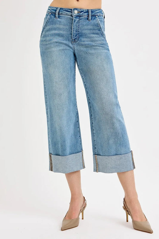 RISEN Full Size Tummy Control High Rise Ankle Wide Cuffed Jeans Plus Size MEDIUM
