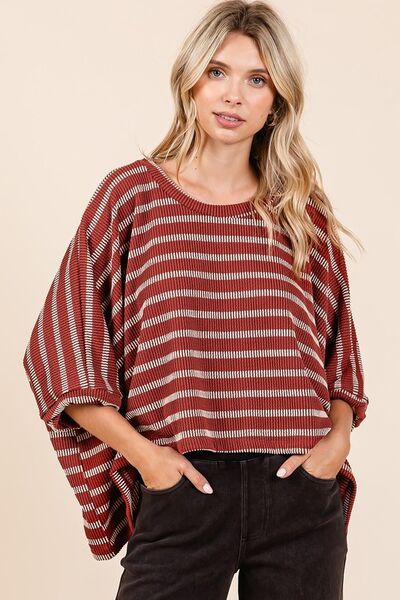 Mittoshop Texture Striped Print Round Neck Dolman Sleeve Top Rust