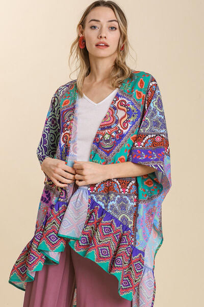 Umgee Full Size Mixed Print Ruffle Hem Open Front Cover Up Plus Size Turquoise