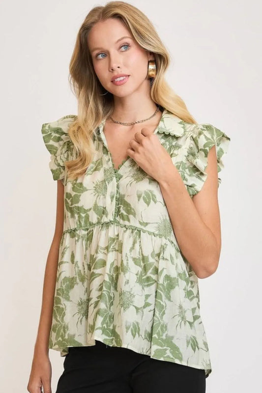 Umgee Full Size Botanical Print Babydoll Top Plus Size Light Green