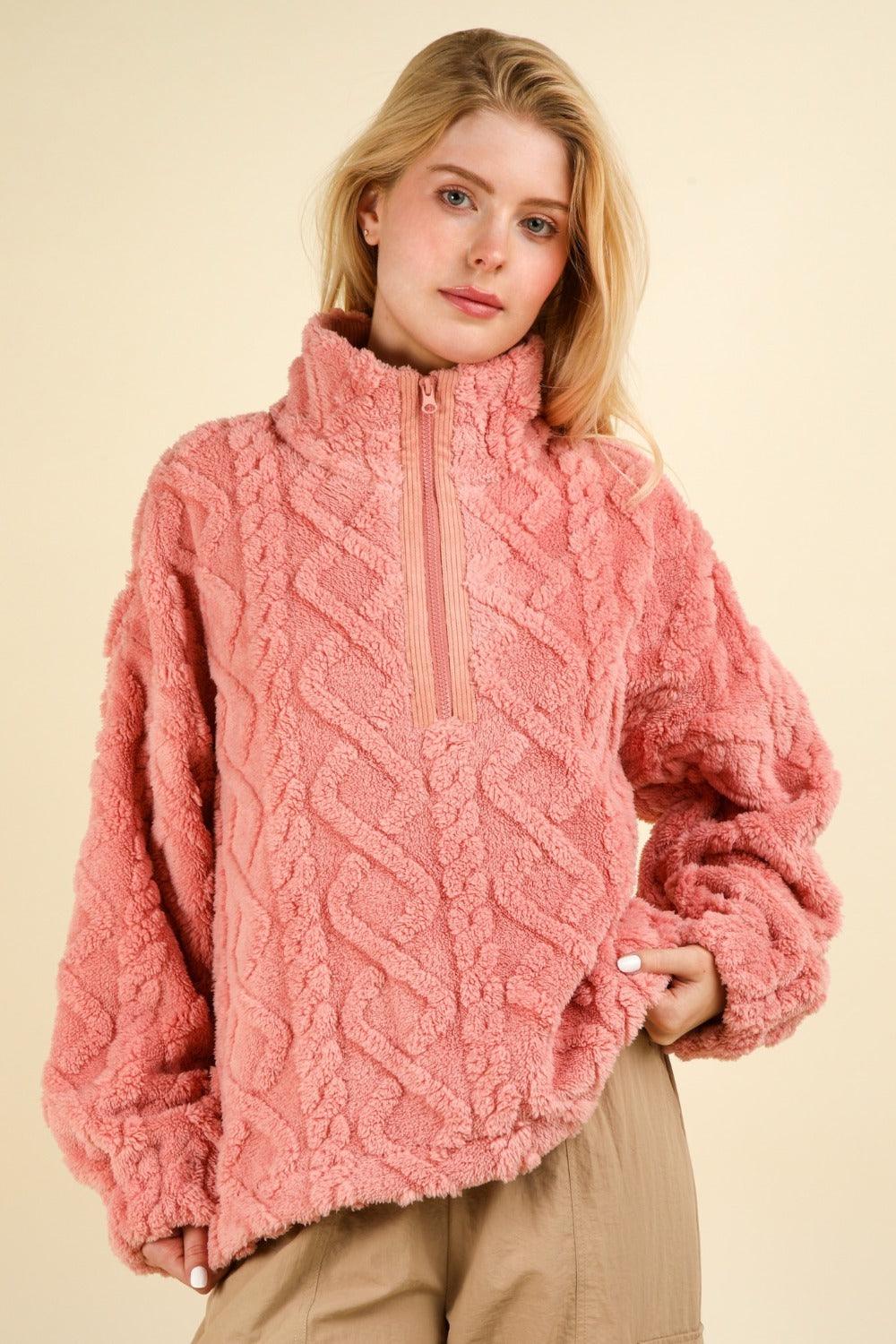 VERY J Fuzzy Fleece Half Zip Cable Pattern Sweatshirt Blush