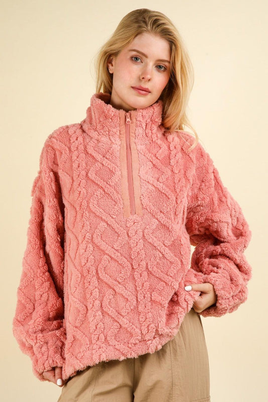 VERY J Fuzzy Fleece Half Zip Cable Pattern Sweatshirt Blush