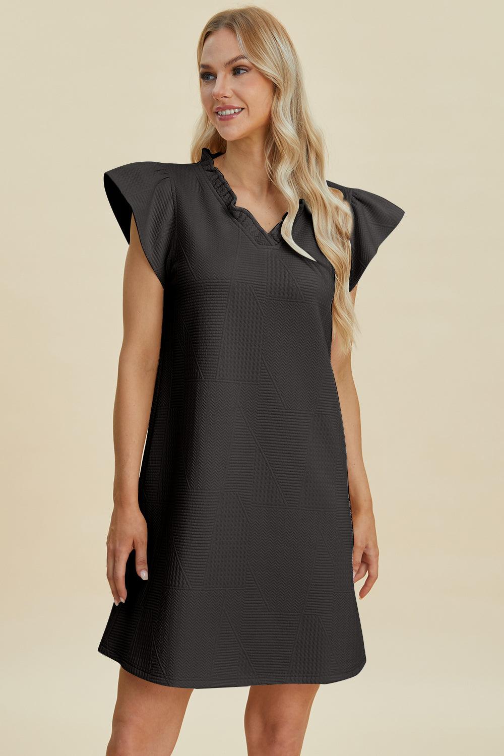 Double Take Full Size Ruffled V-Neck Cap Sleeve Dress Black