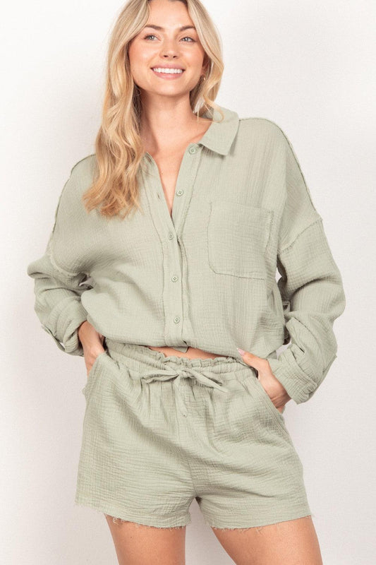 VERY J Texture Button Up Shirt and Shorts Set Sage