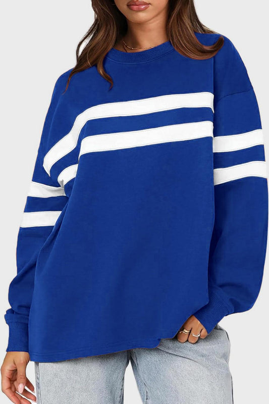 Lovelet Striped Round Neck Dropped Shoulder Sweatshirt Royal Blue