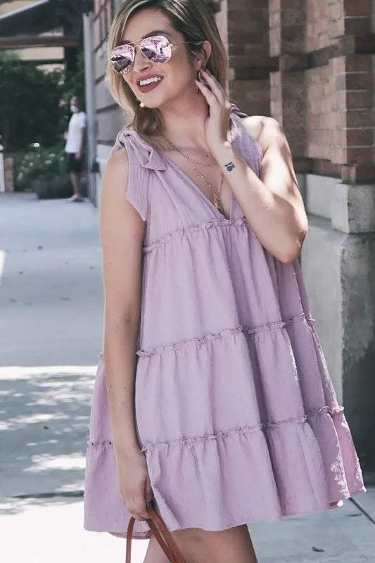 And The Why Polka Dot Textured Layered Flounce Ruffle Dress Lavender