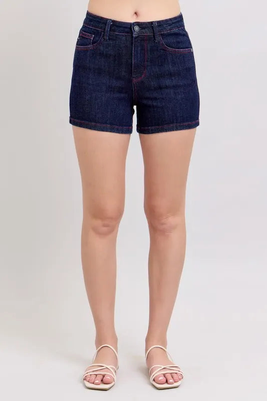 Judy Blue Full Size High Waist Heart Shaped Pkts & Red Contrast Thread Denim Shorts Plus Size