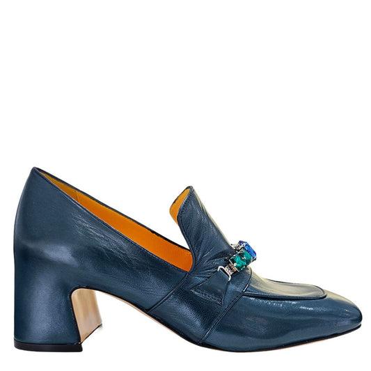 Navy Leather Mid Heel Jeweled Loafer