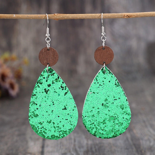 Sequin PU Leather Wooden Dangle Earrings Green One Size
