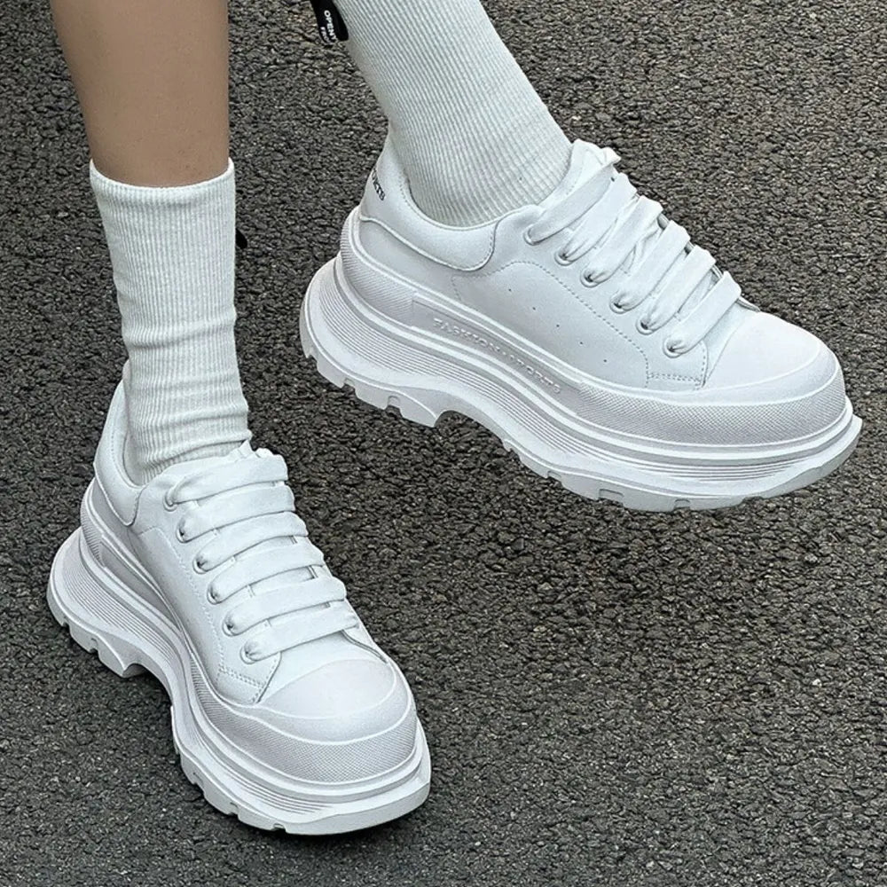 Lace Up Round Toe Platform Sneakers White