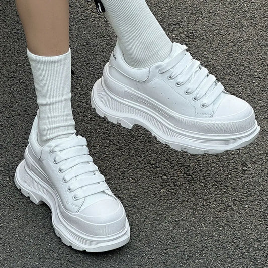 Lace Up Round Toe Platform Sneakers White