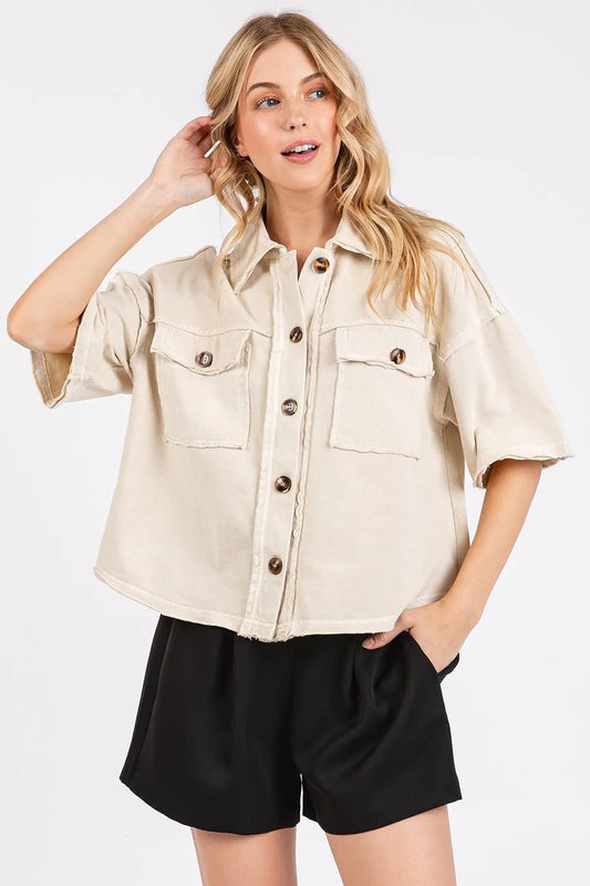 Mittoshop Mineral Wash Boxy Short Sleeve Button Down Shirt OATMEAL