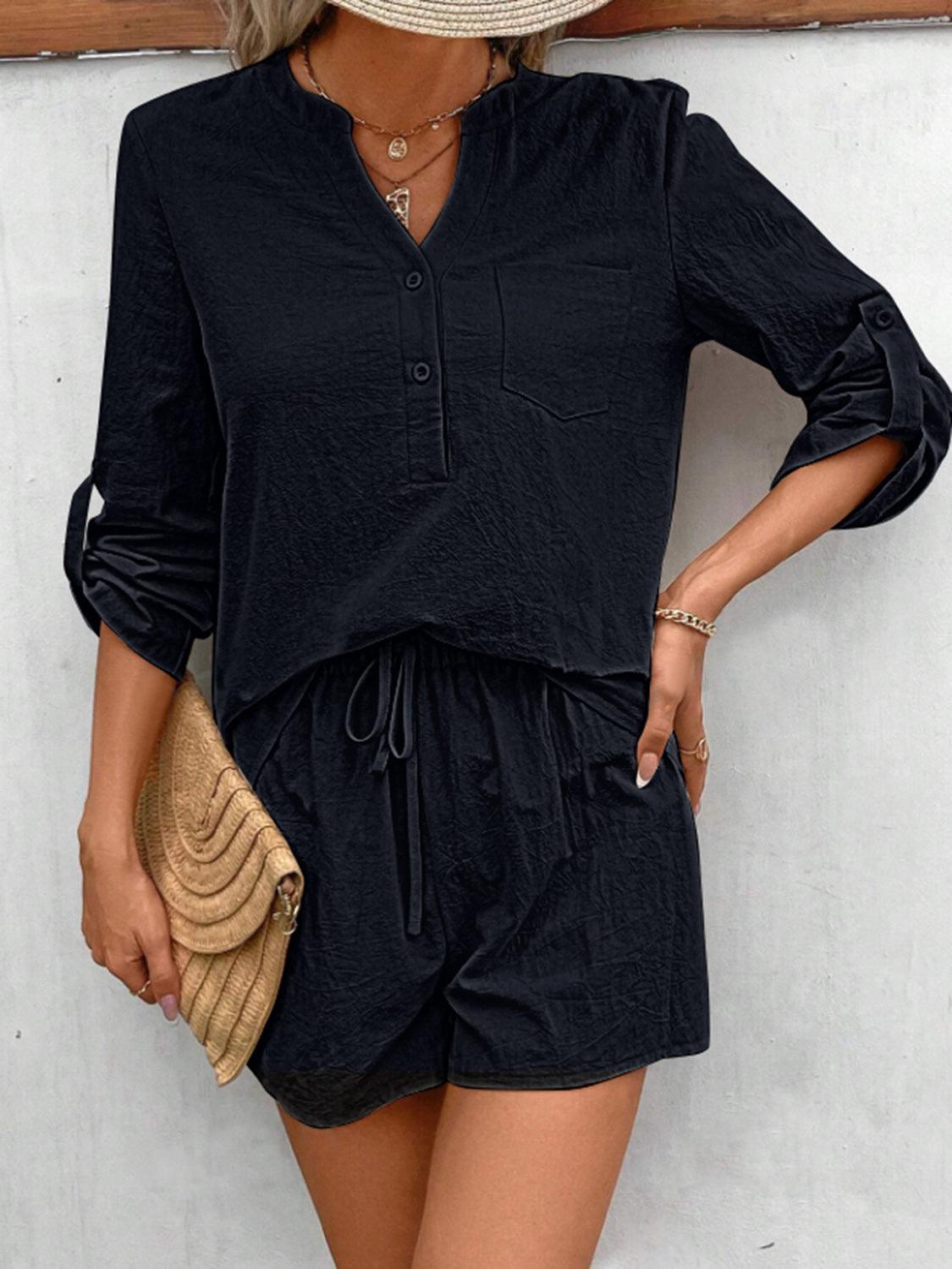 Notched Long Sleeve Top and Shorts Set Black