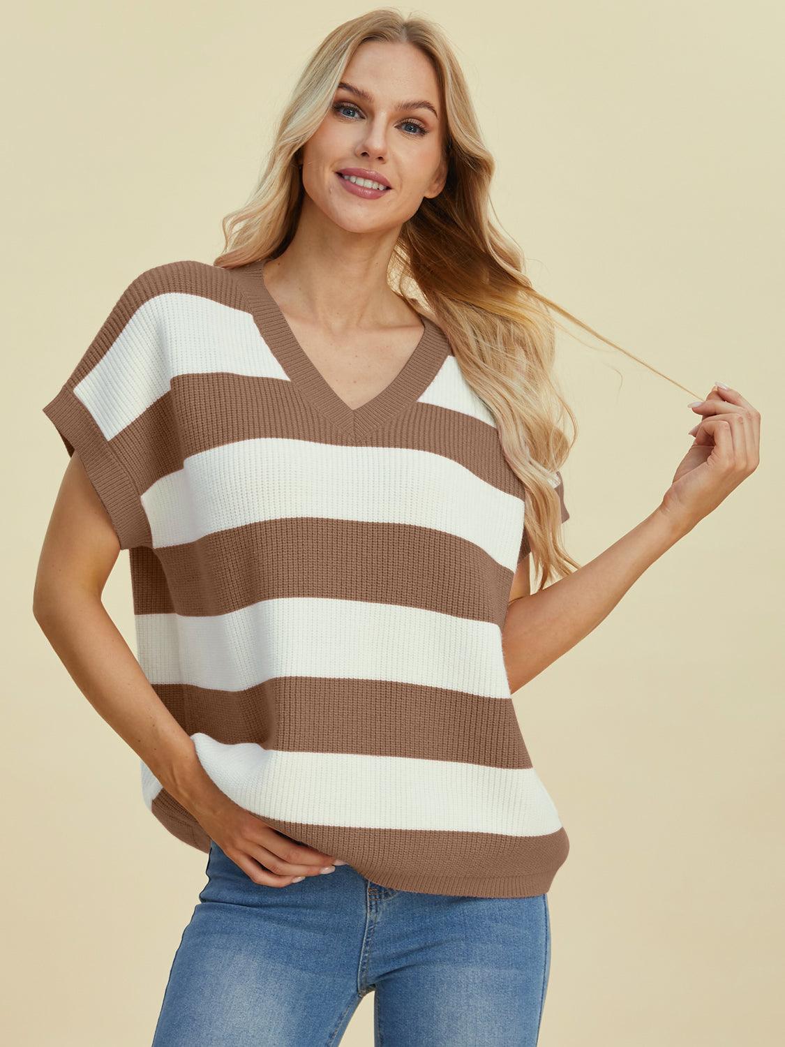 Double Take Full Size Striped V-Neck Short Sleeve Sweater Camel