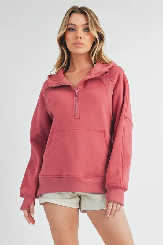 Aemi+Co Half Zip Raglan Sleeve Hoodie with Kangaroo Pocket Deep Rose
