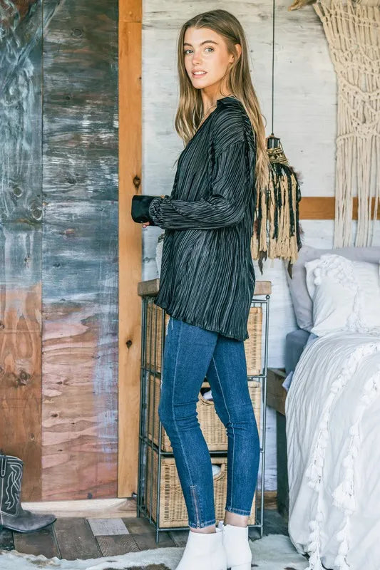 And The Why V Neck Pleated Long Sleeves Shirt