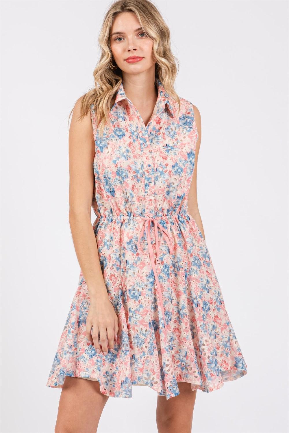 GeeGee Full Size Floral Eyelet Sleeveless Mini Dress Pink Multi