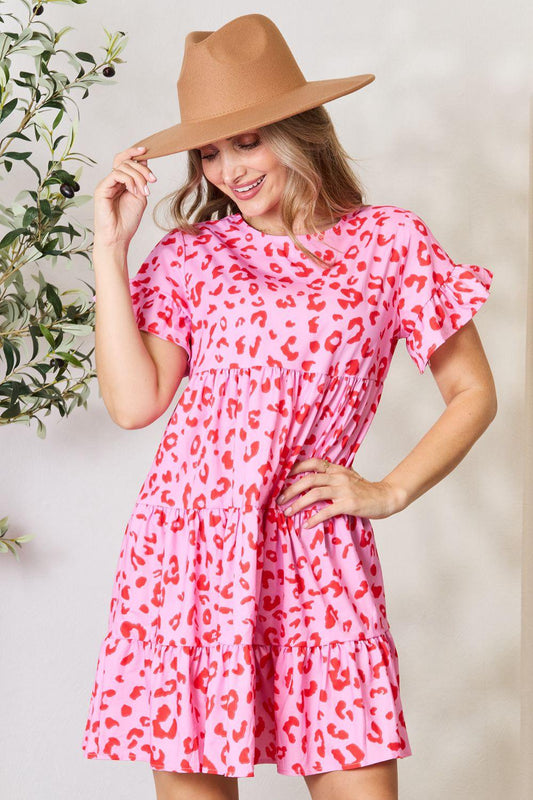 Double Take Short Flounce Sleeve Tiered Dress Fuchsia Pink