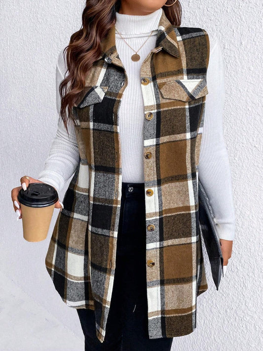 Honey Plus Size Pocketed Plaid Button Up Vest Coat Camel