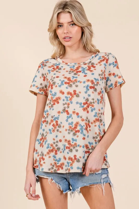 BOMBOM Lightweight Floral Round Neck Short Sleeve T-Shirt Cream