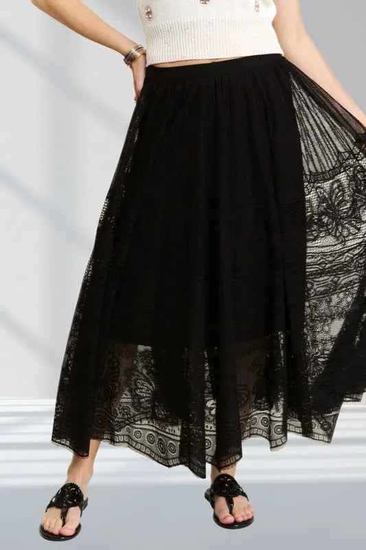 ADORA Elastic Waist Raw Hem Lace Maxi Skirt BLACK