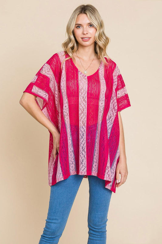 Cotton Bleu by Nu Label V Neck Drop Shoulder Oversize Top Fuchsia