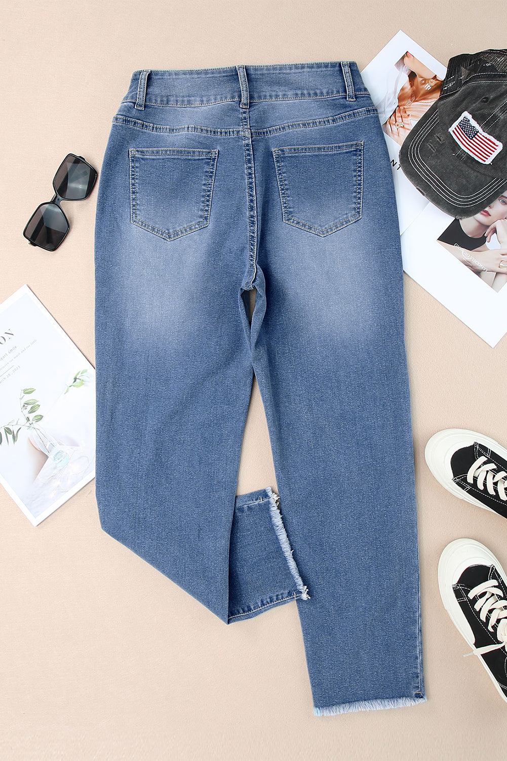 Buttoned High Waist Raw Hem Skinny Jeans