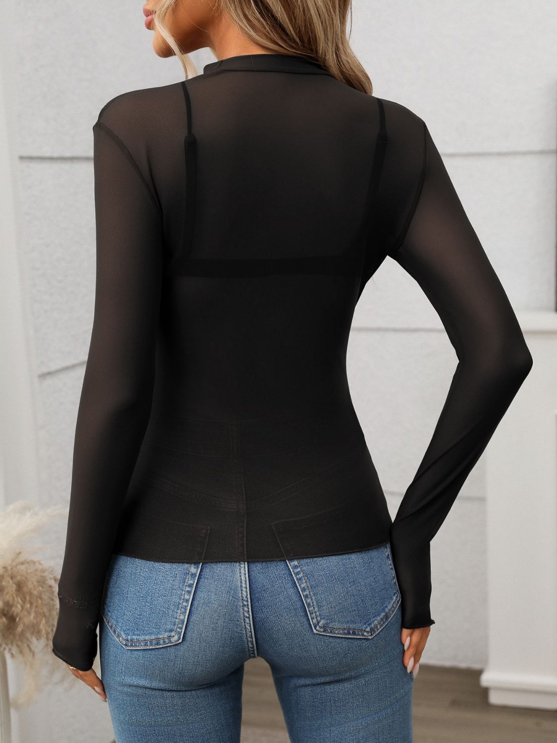 Mock Neck Long Sleeve Sheer Top
