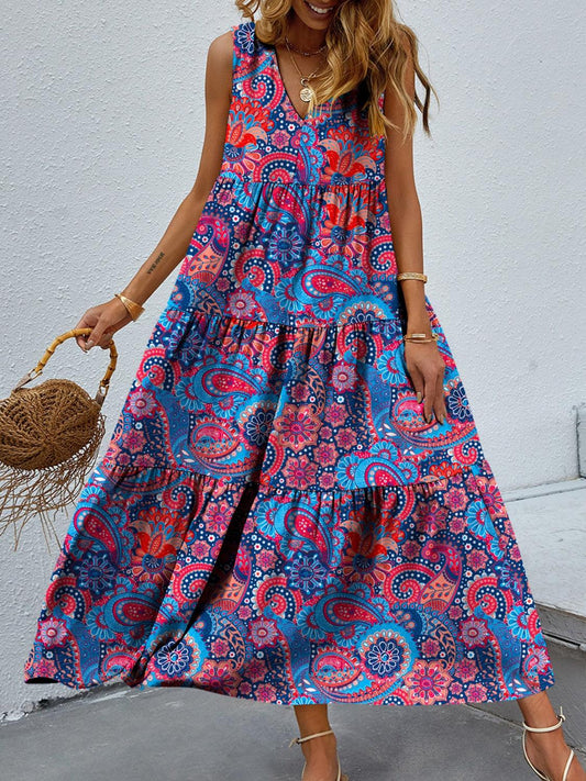 Tiered Printed V-Neck Sleeveless Dress Multicolor