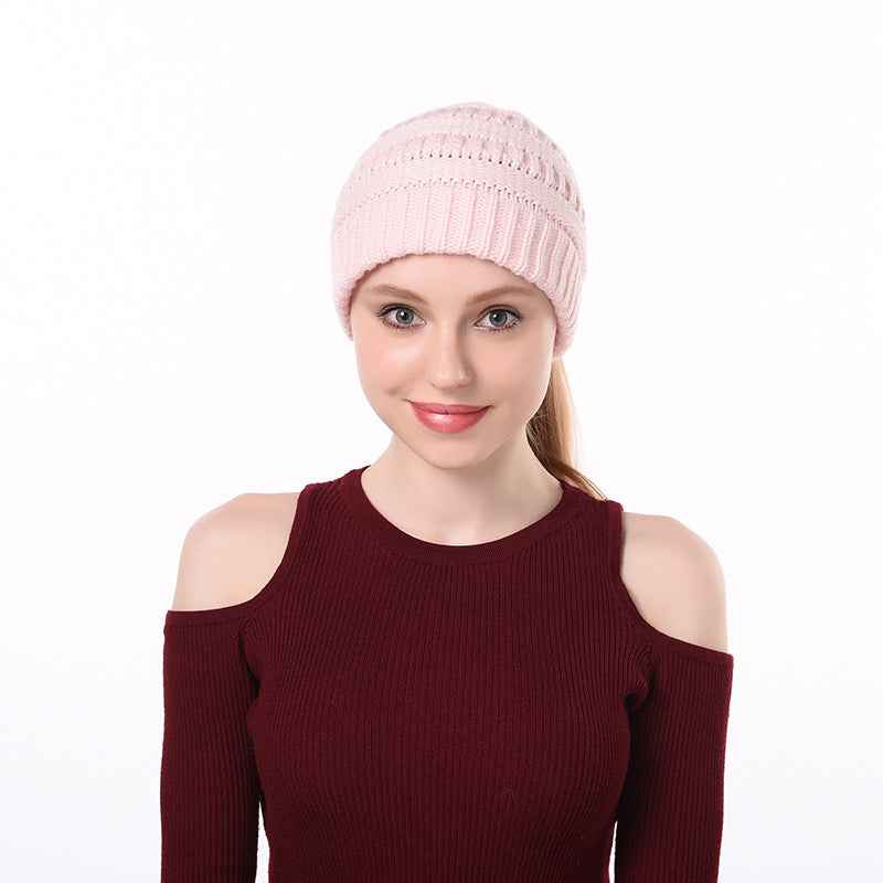 Womens Knitted Ponytail Hat Winter Warm Cap Shallow powder With CC label