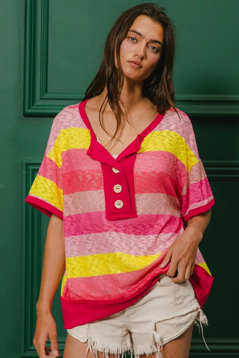BiBi Multi Color Stripe Hacci Button Detail Ringer Top FUCHSIA YELLOW
