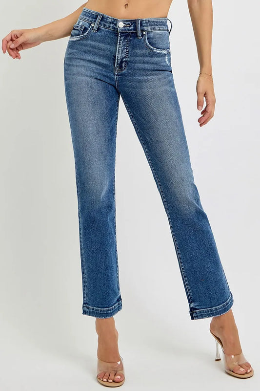 RISEN Full Size Tummy Control Elastic Band Mid Rise Straight Jeans Plus Size DARK