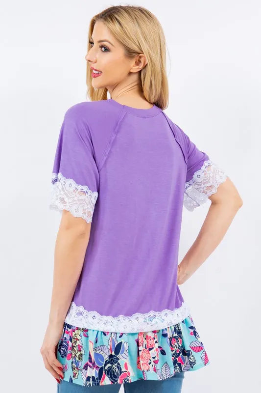 Celeste Full Size Lace Trim Short Sleeve Top Plus Size