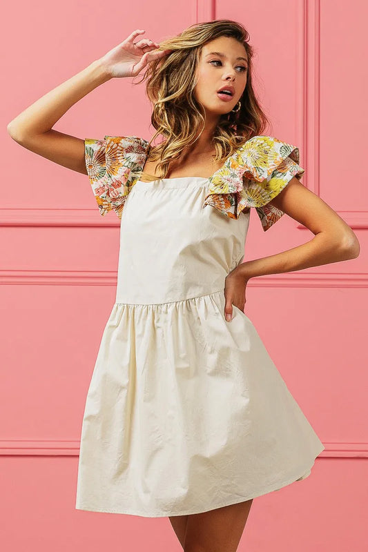BiBi Flower Embroidered Floral Print Sleeve Dress OATMEAL