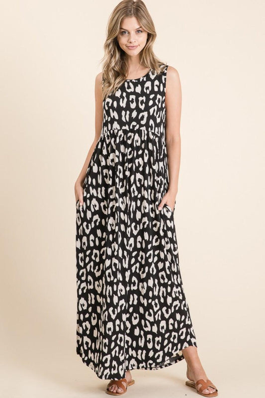 BOMBOM Leopard Maxi Dress with Pockets Black