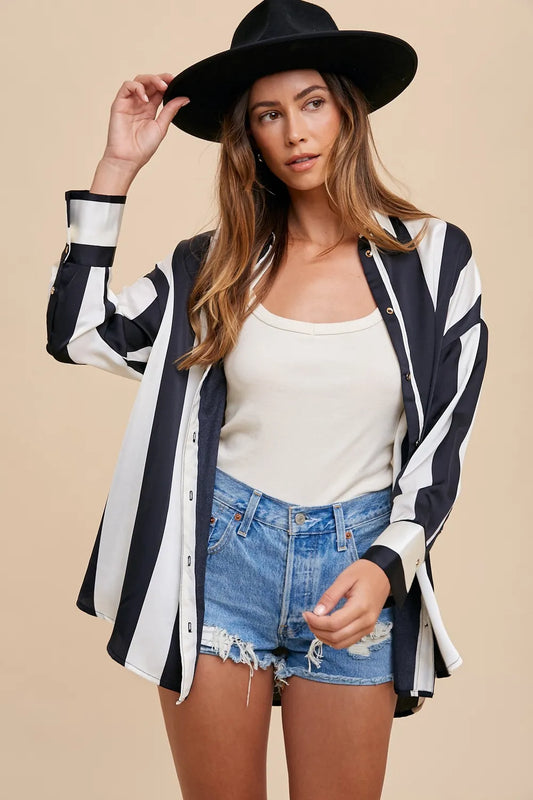 Annie Wear Striped Dropped Shoulder Button Up Shirt Black Ivory