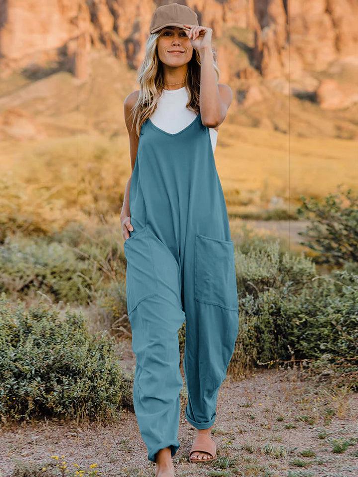 Double Take Full Size V-Neck Sleeveless Jumpsuit with Pockets Pastel Blue